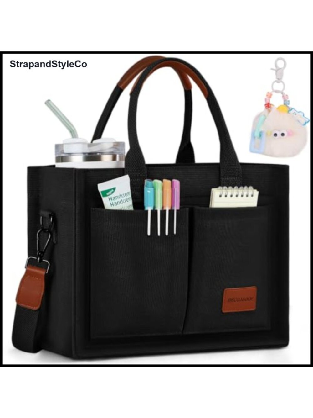 Structured Canvas Tote Bag Multi-Compartment Zippered Purse with Shoulder Strap